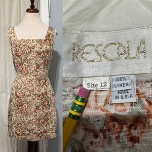 Vintage 90s RESCALA Linen Floral Square Neck Sleeveless Mini Dress Size 12